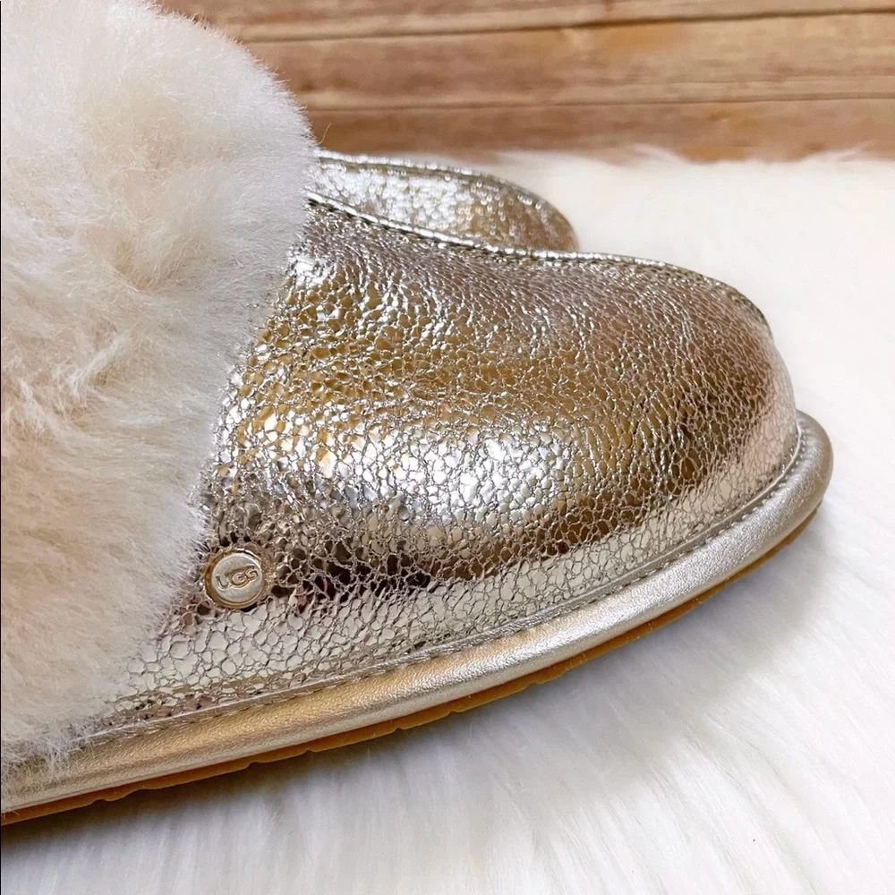 UGG Women’s Scuffette II Metallic Sparkle Soft Gold Leather Slippers - Picture 2 of 9